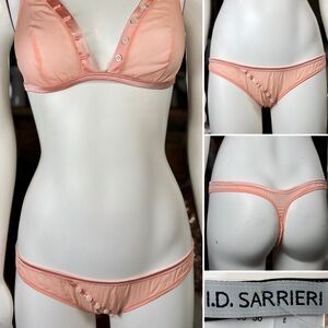 I.D. Sarrieri Pink Coral Silk Semi Sheer Thong Panties w/ Button Detail, Sz 2